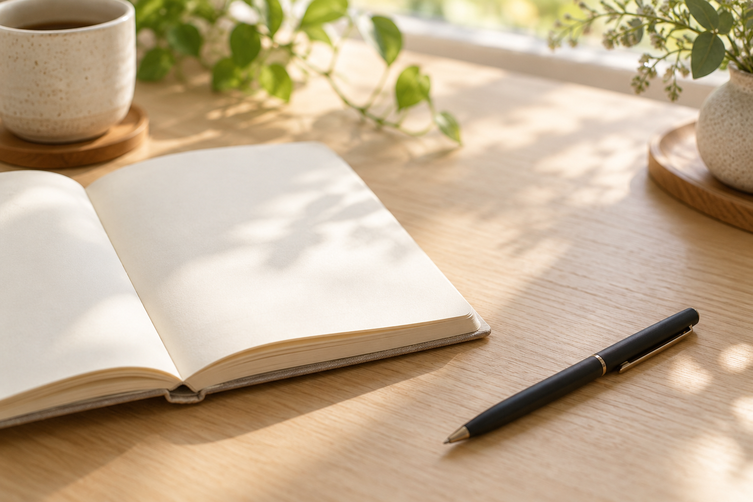 Blank notebook and pen in soft daylight